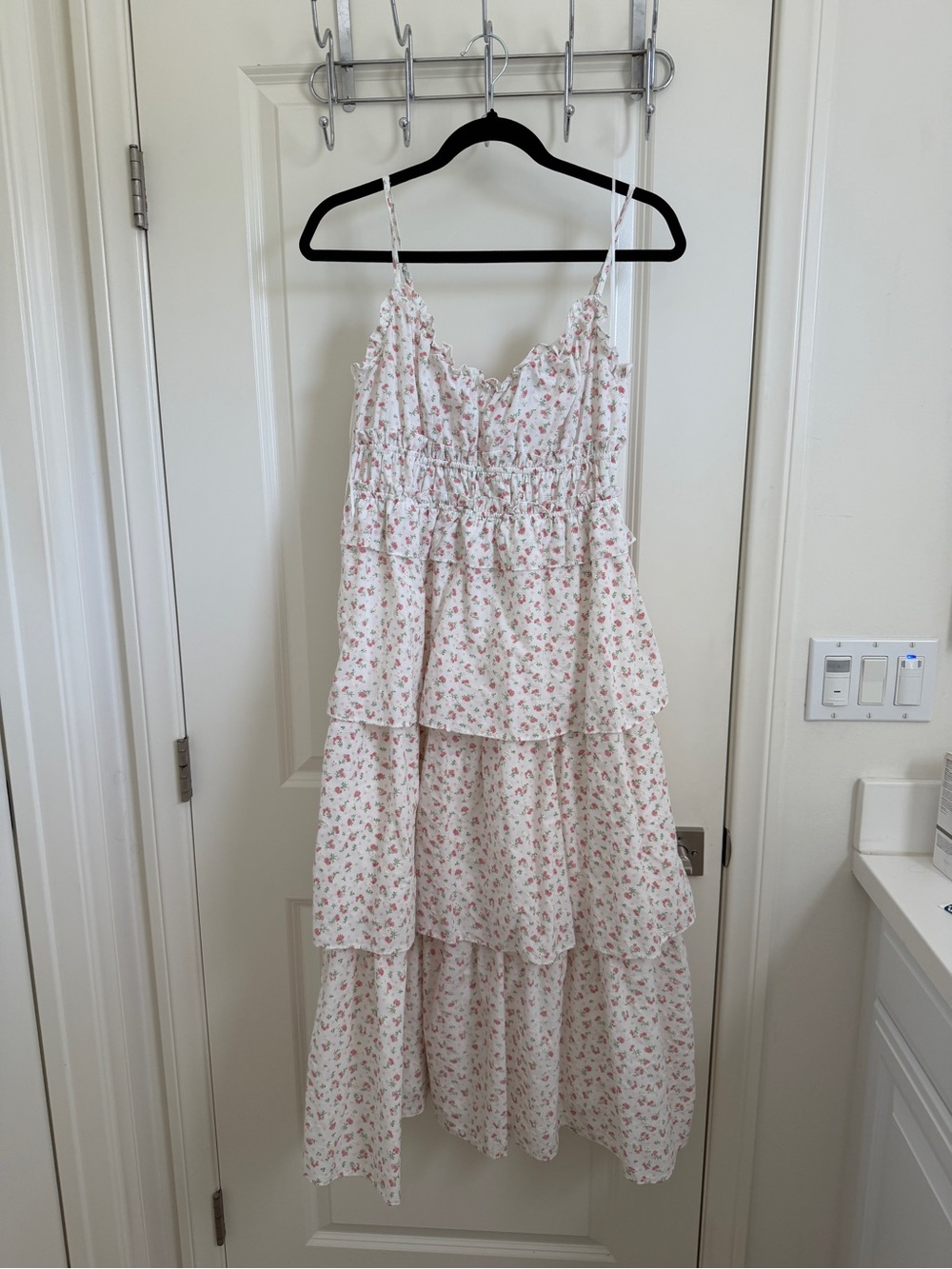 Storia White Floral Tiered Midi Dress with Pink Accents